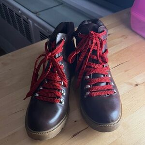 Brown Faux Leather Hiking Boots with Red Laces